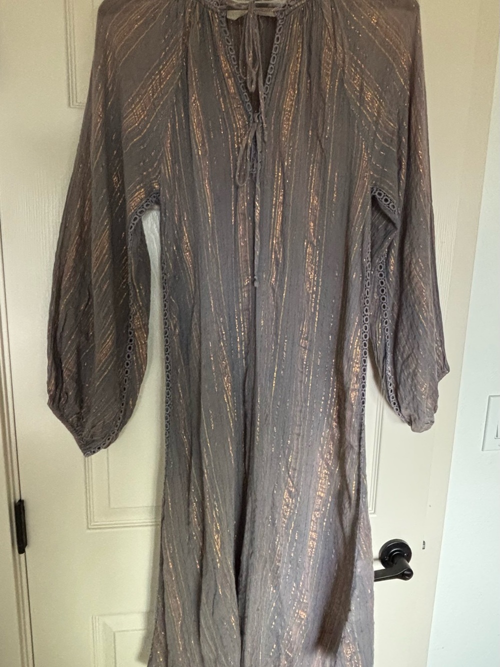 Jen's Pirate Booty Gray Maxi Dress with Gold Metallic Stripes